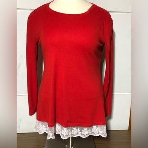 SANIFER Women’s XXL RED TUNIC WITH WHITE LACE HEM ON THE FRONT.